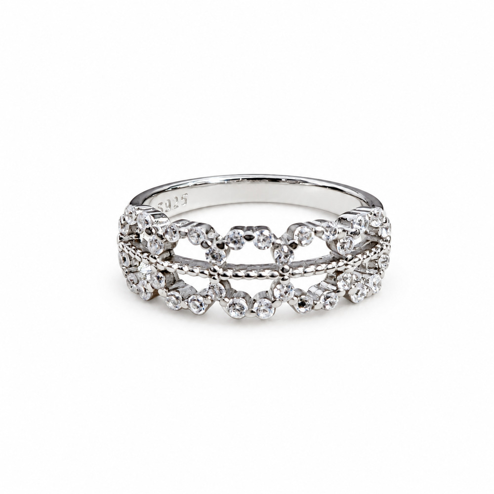 S925 Sterling Silver CZ Scalloped Openwork Band Ring Size 7